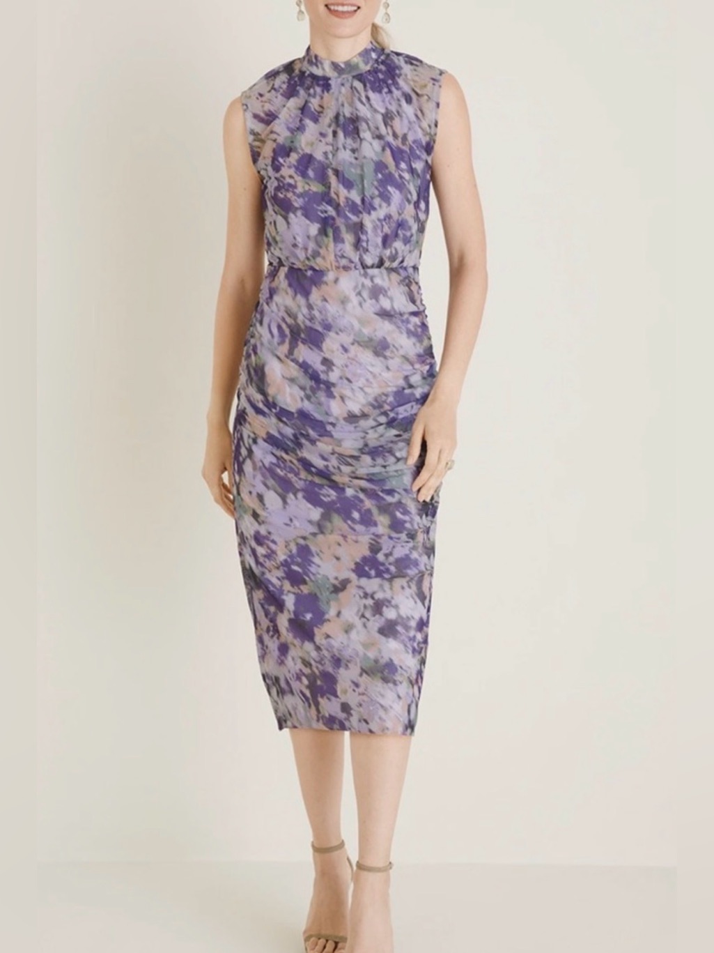 Chico's Ruched Mesh Midi Dress Purple Watercolor Size 2 Size 10 Large Nwt